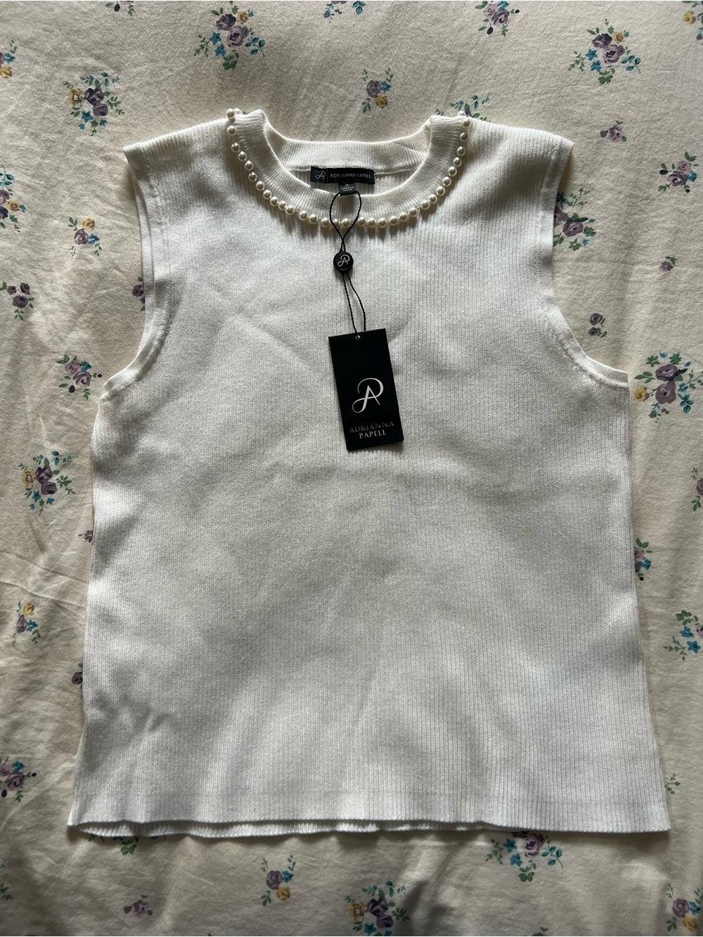 Adrianna Papell White Pearl-Trim Sleeveless Knit Tank